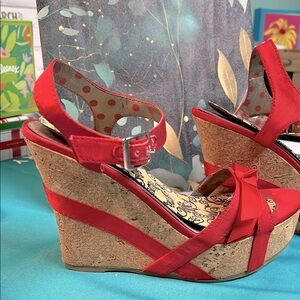 Vibrant Red Cork Wedge Sandals with Adjustable Straps (shoe pads inside)